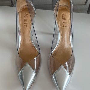 Used Schutz PVC /Silver pointy toe pumps